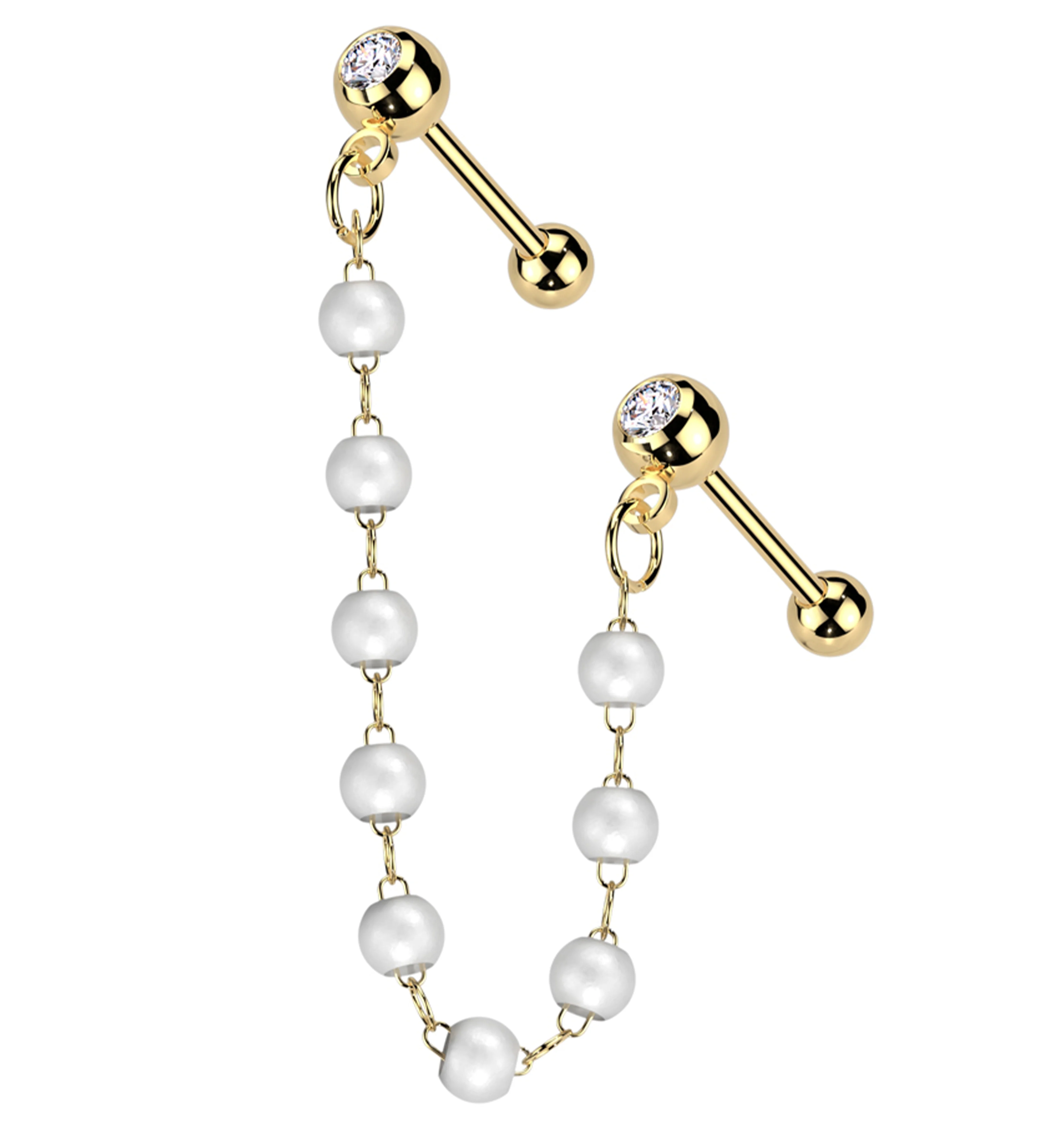 Gold PVD Double Barbell Clear CZ Stainless Steel Pearl Piercing Chain - Mrs Treak