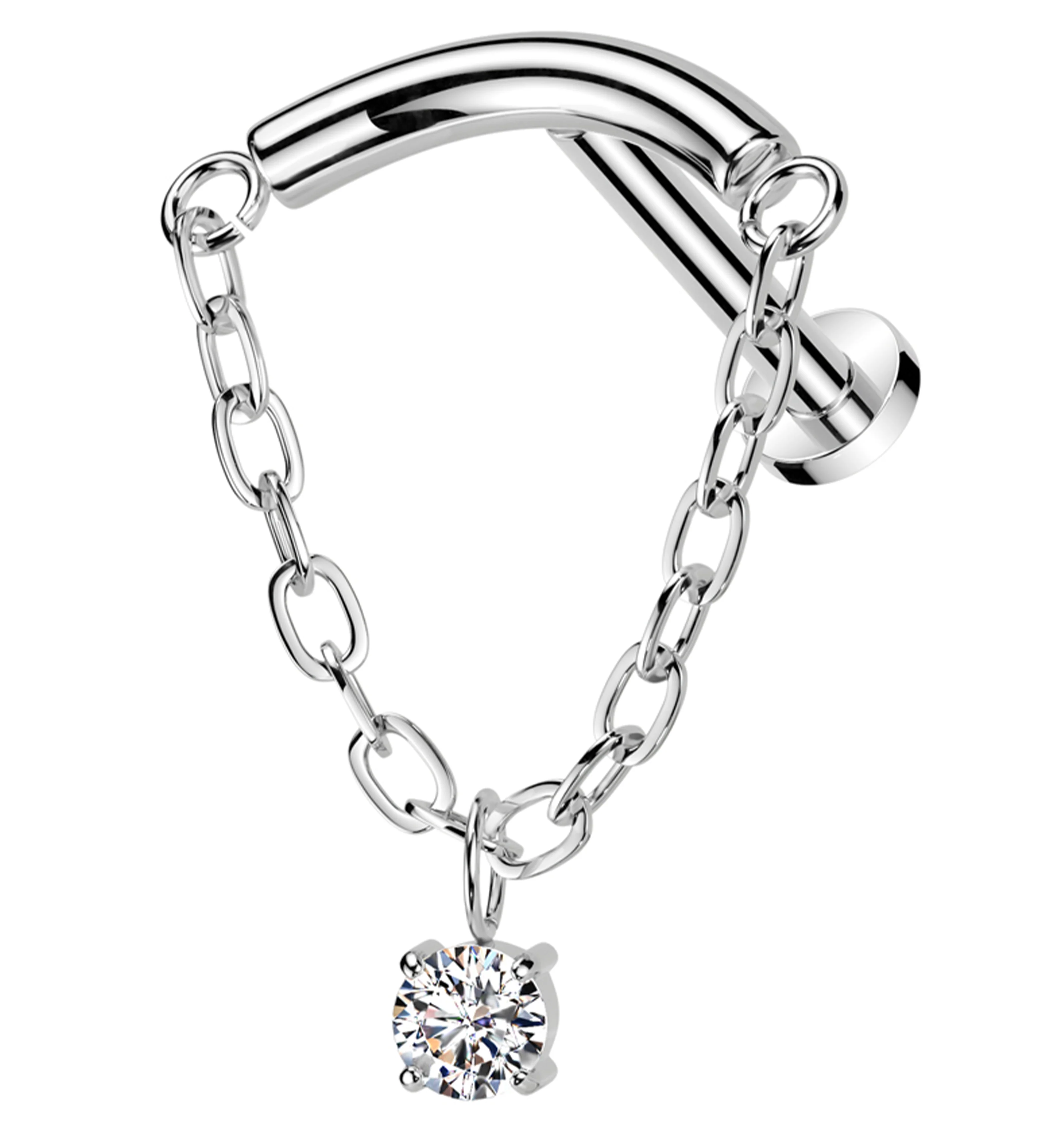 Curved Bar Dangle Clear CZ Chain Titanium Threadless Labret - Mrs Treak