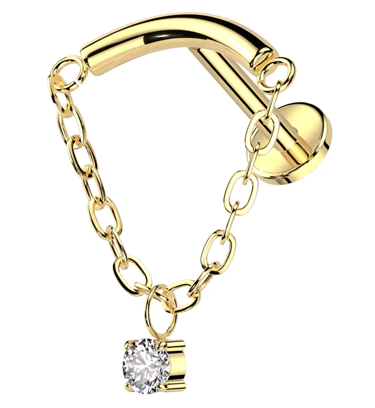 Gold PVD Curved Bar Dangle Clear CZ Chain Titanium Internally Threaded Labret - Mrs Treak