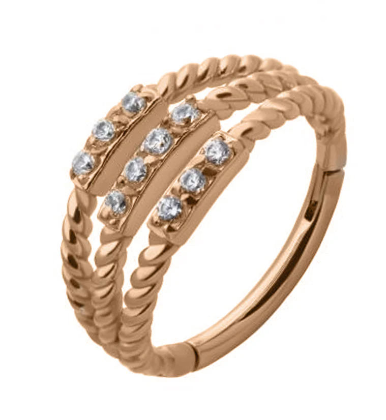 Rose Gold PVD Stacked Twine CZ Hinged Segment Ring - Mrs Treak