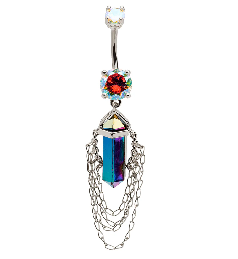 Rainbow Crystal Multi Dangle Chain Stainless Steel Belly Button Ring - Mrs Treak