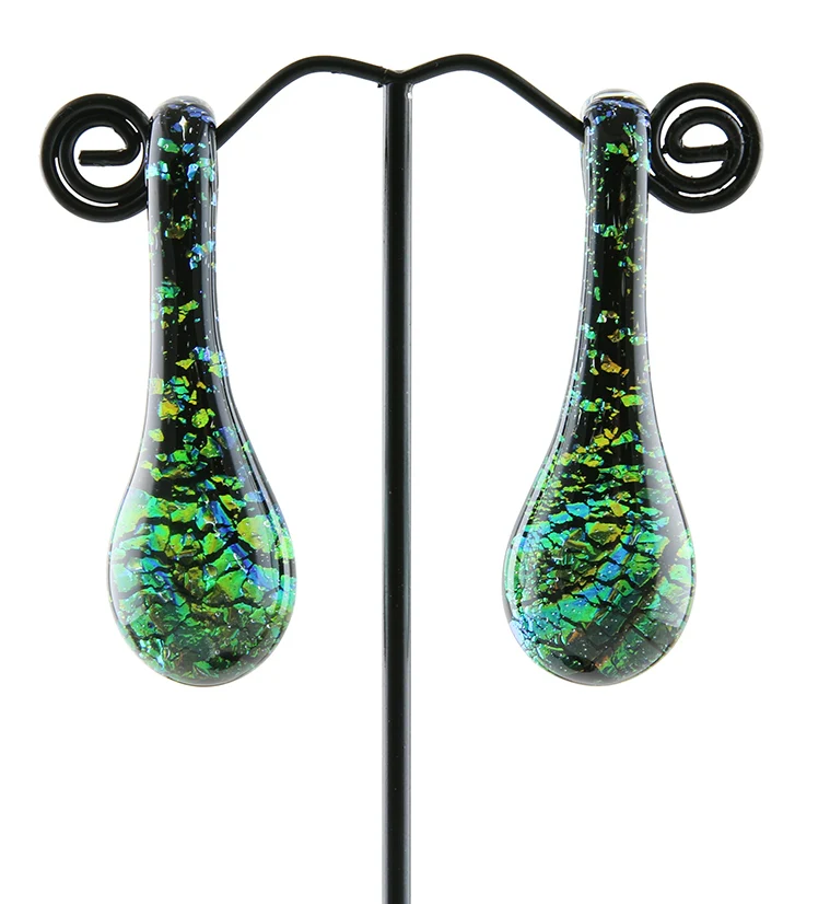 Green Dichroic Drip Glass Ear Weights - Mrs Treak