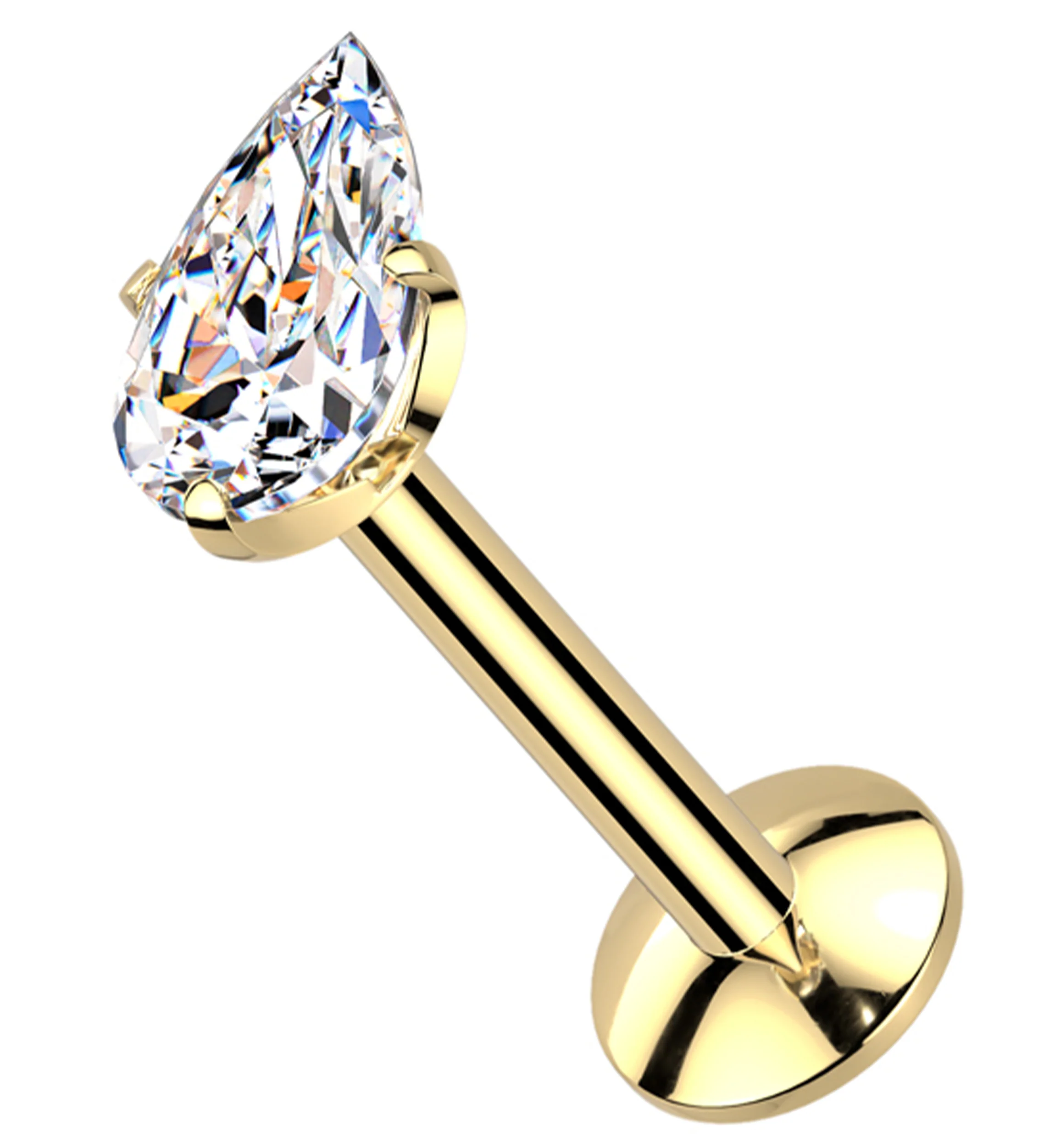 Gold PVD Prong Teardrop Clear CZ Internally Threaded Titanium Convex Back Labret - Mrs Treak