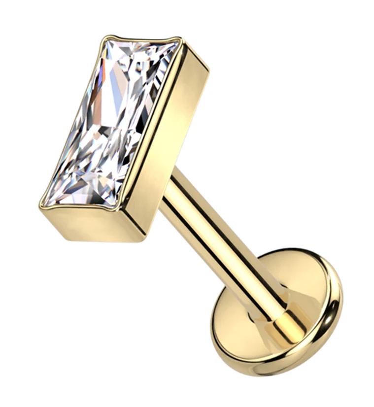 Gold PVD Baguette Clear CZ Internally Threaded Titanium Labret - Mrs Treak