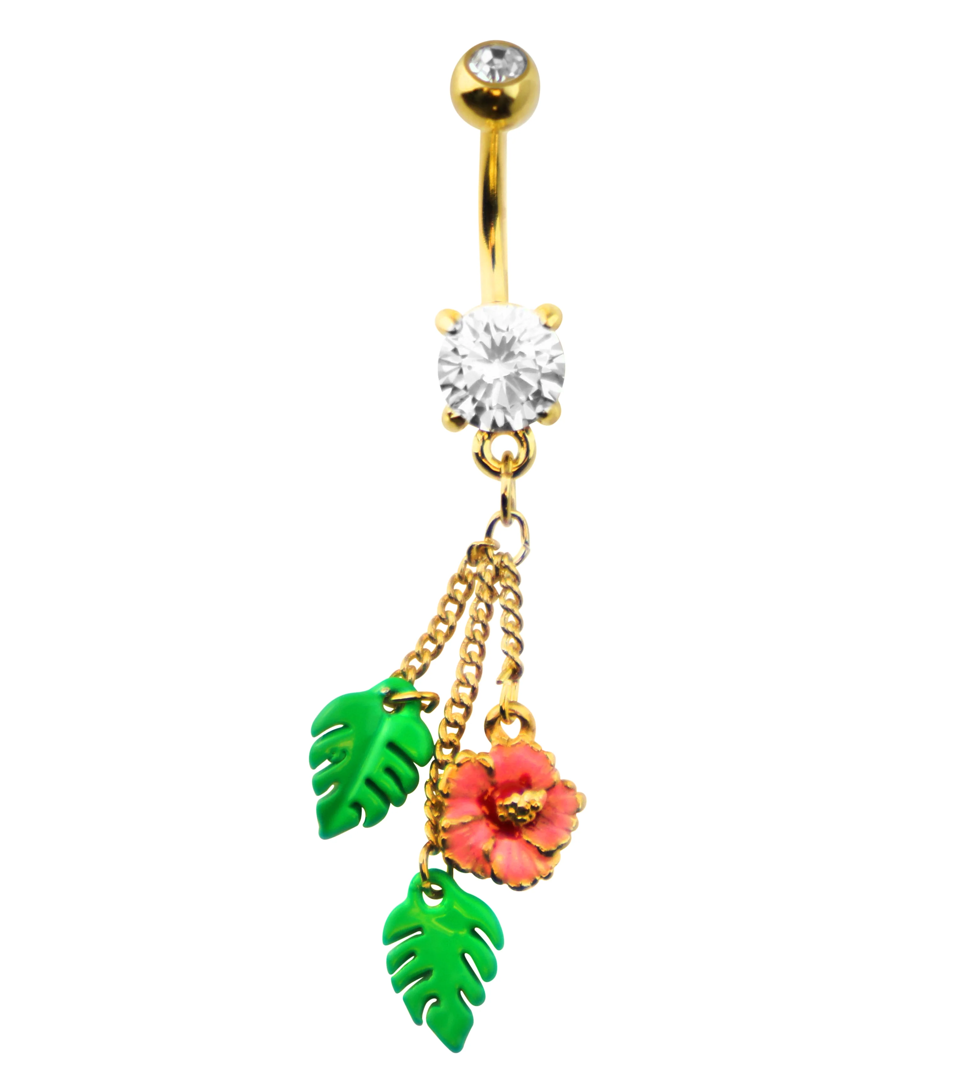 Gold PVD Hibiscus Flower Clear CZ Dangle Stainless Steel Belly Button Ring - Mrs Treak