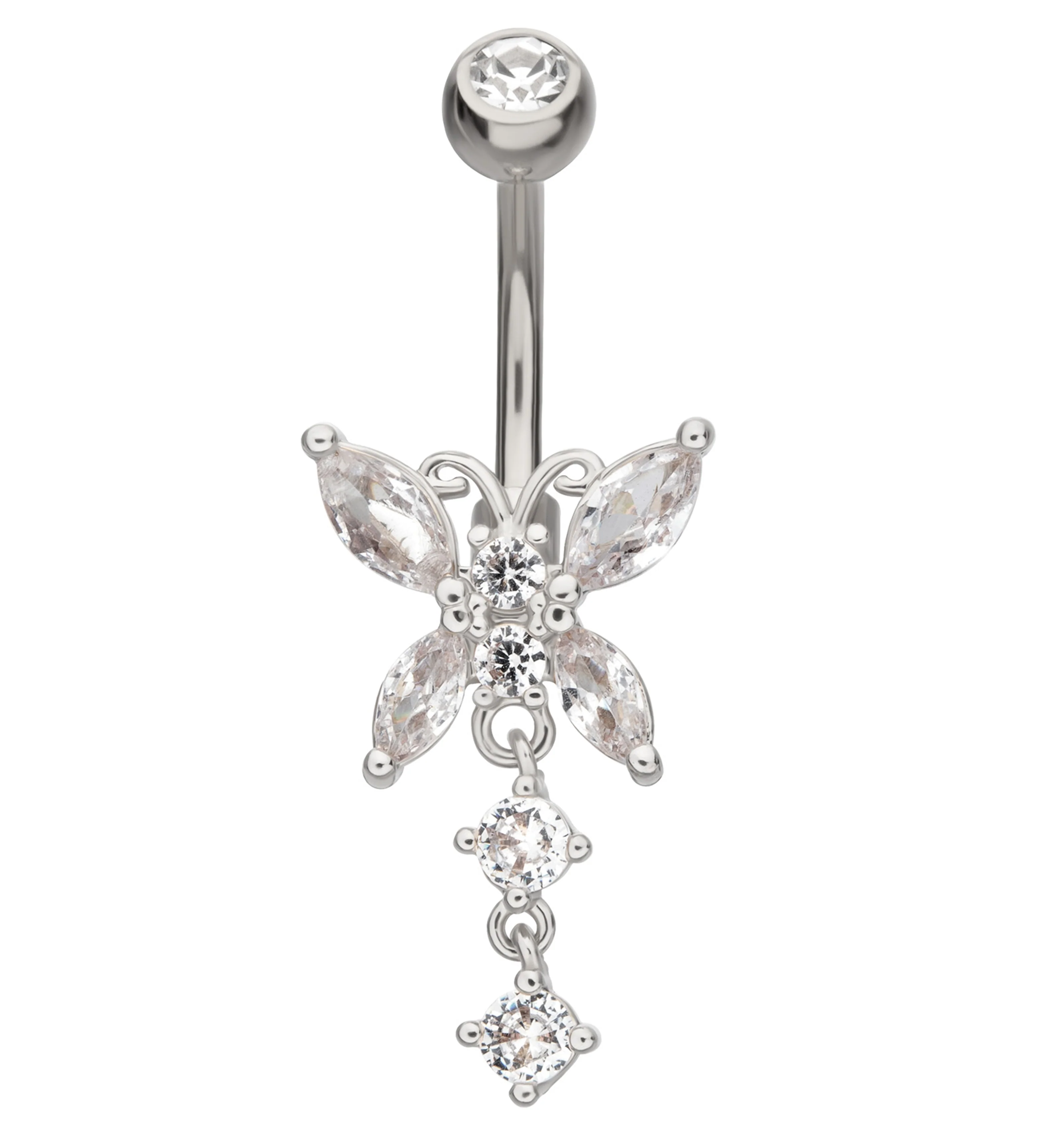 Fluttering Butterfly Clear CZ Dangle Stainless Steel Belly Button Ring - Mrs Treak
