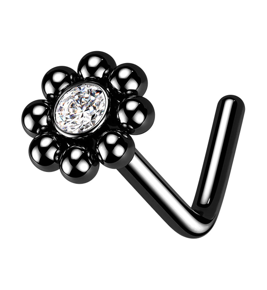 Black PVD Beaded Flower Clear CZ L Bend Nose Stud - Mrs Treak