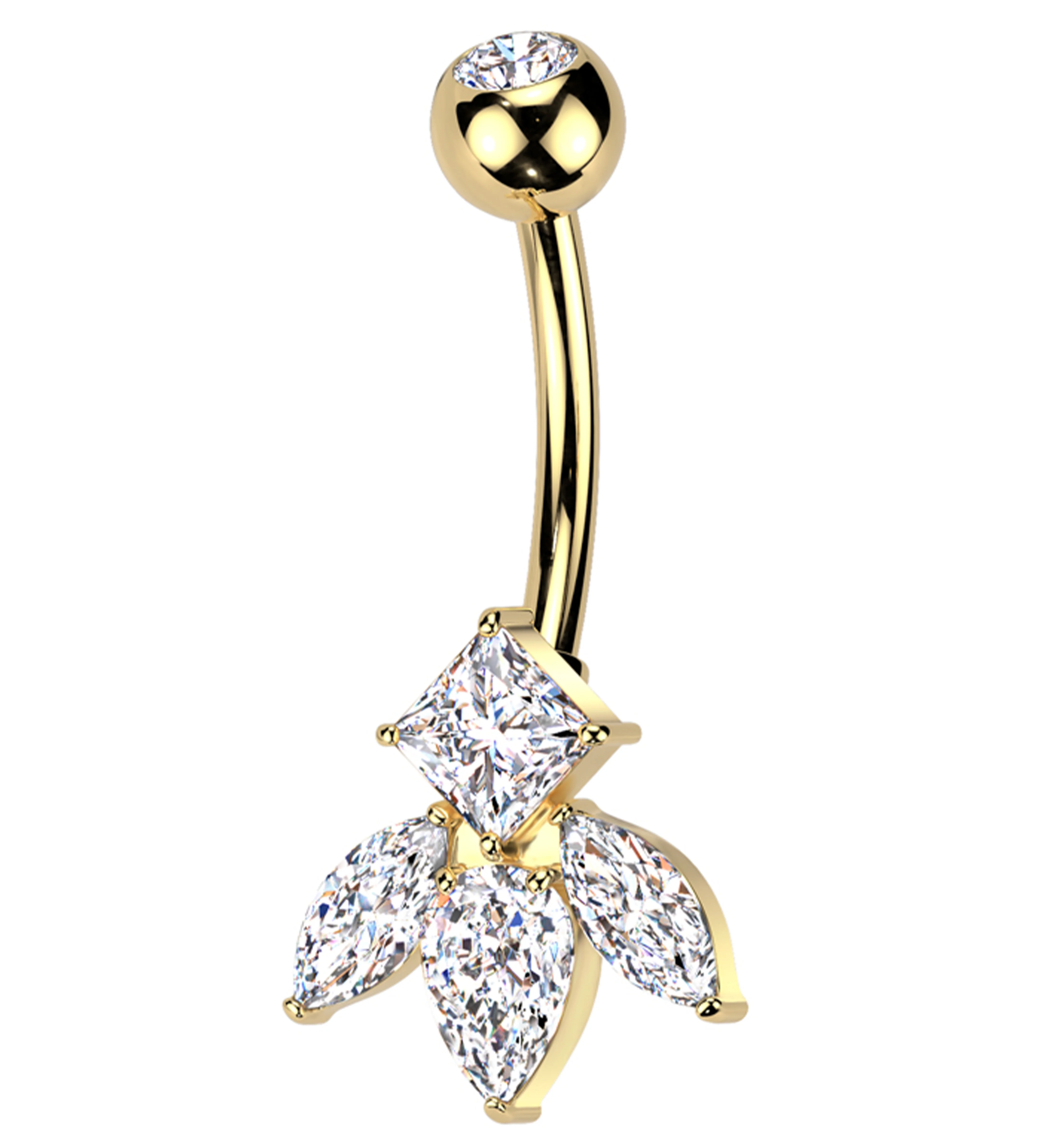 Gold PVD Half Flower Clear CZ Titanium Belly Button Ring - Mrs Treak