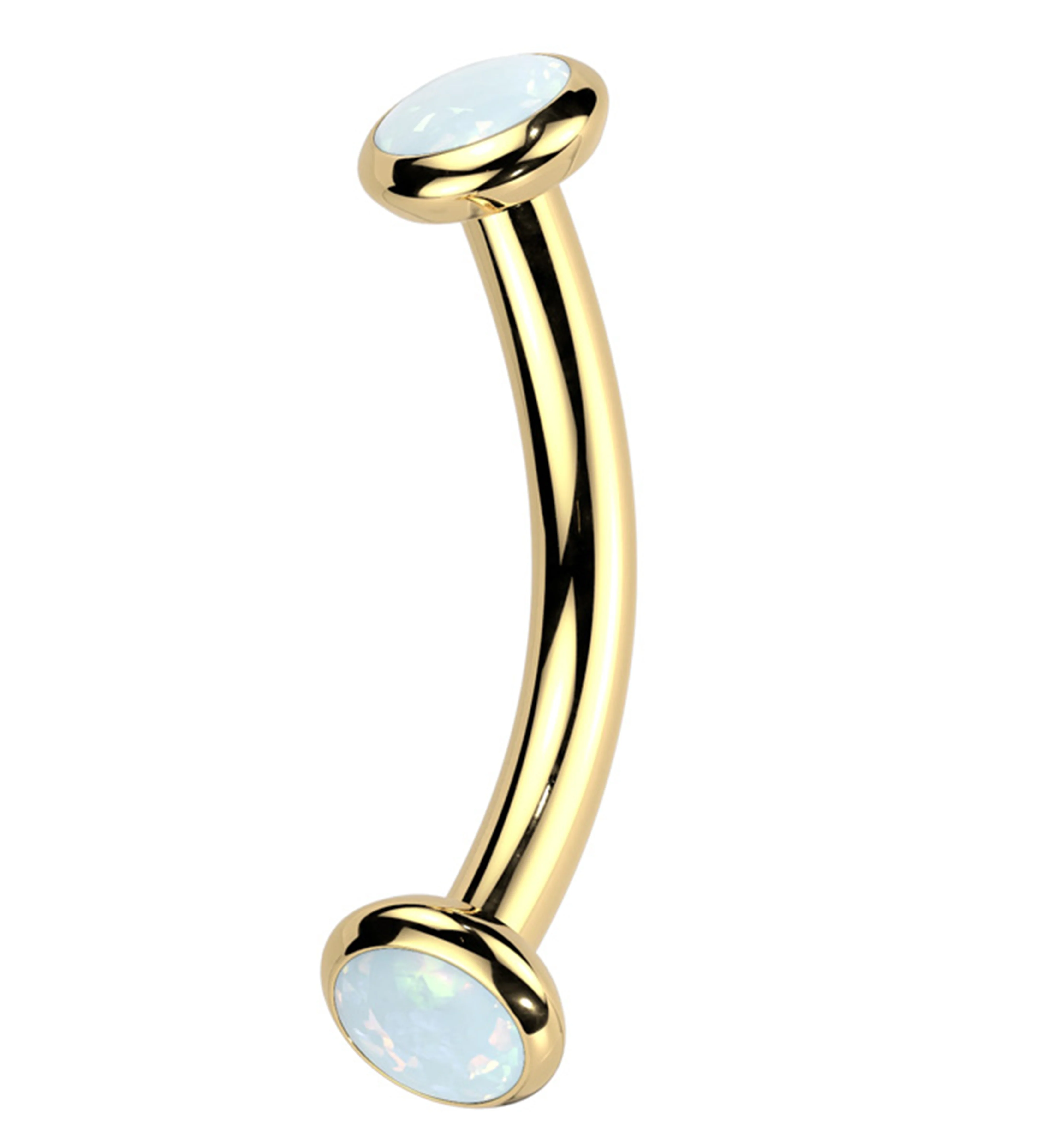 Gold PVD Double Bezel White Opalite Internally Threaded Titanium Curved Barbell - Mrs Treak