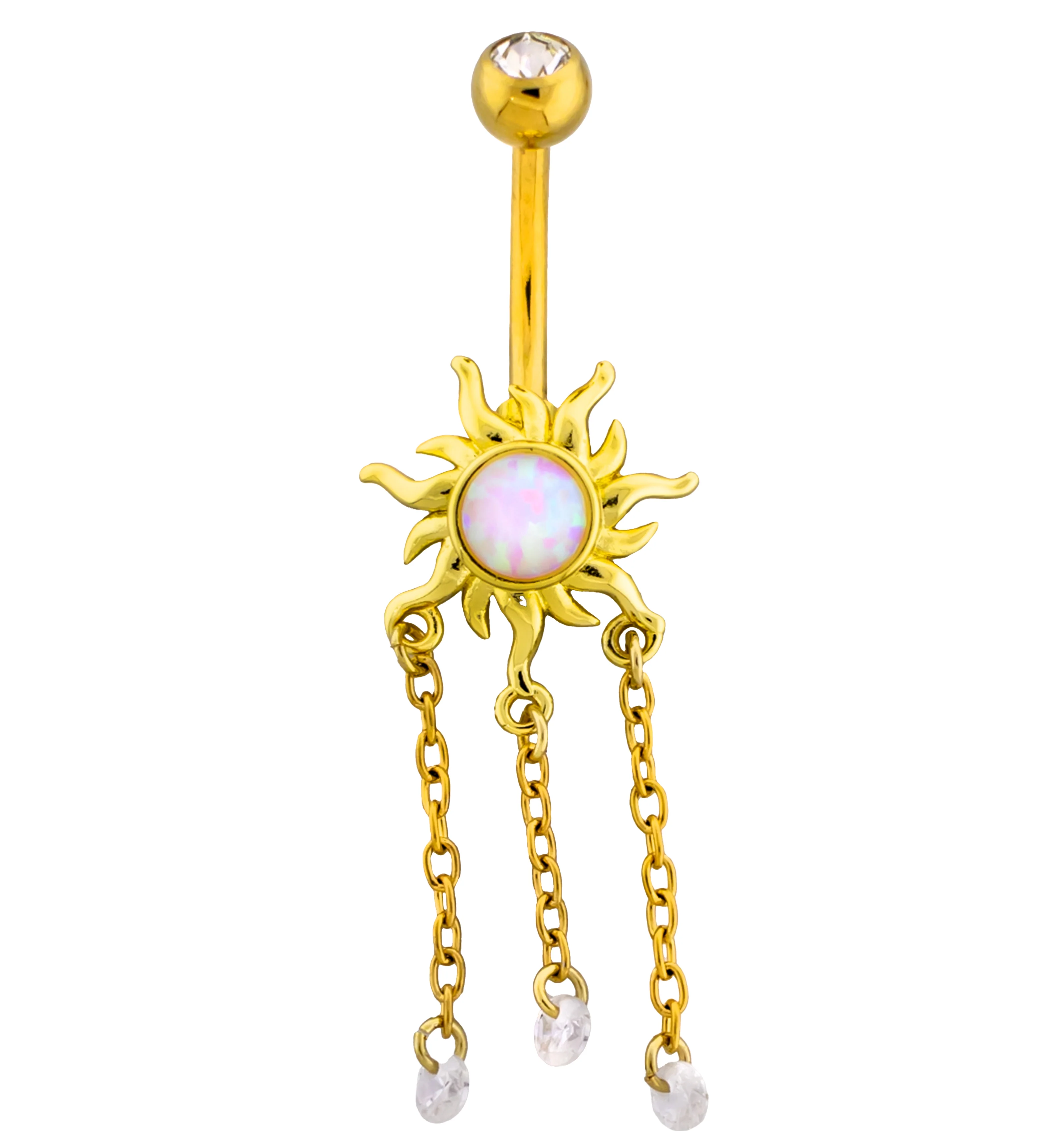 Gold PVD Fiery Sun White Opalite Dangle Chains Stainless Steel Belly Button Ring - Mrs Treak