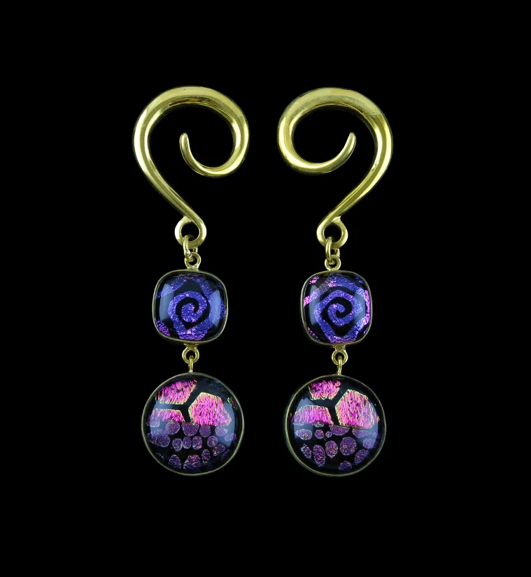 Pink & Purple Glass Cab Brass Ear Weights - Mrs Treak