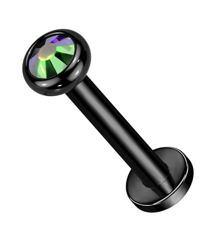 Black PVD Flat Bezel Black Aurora CZ Internally Threaded Titanium Labret - Mrs Treak