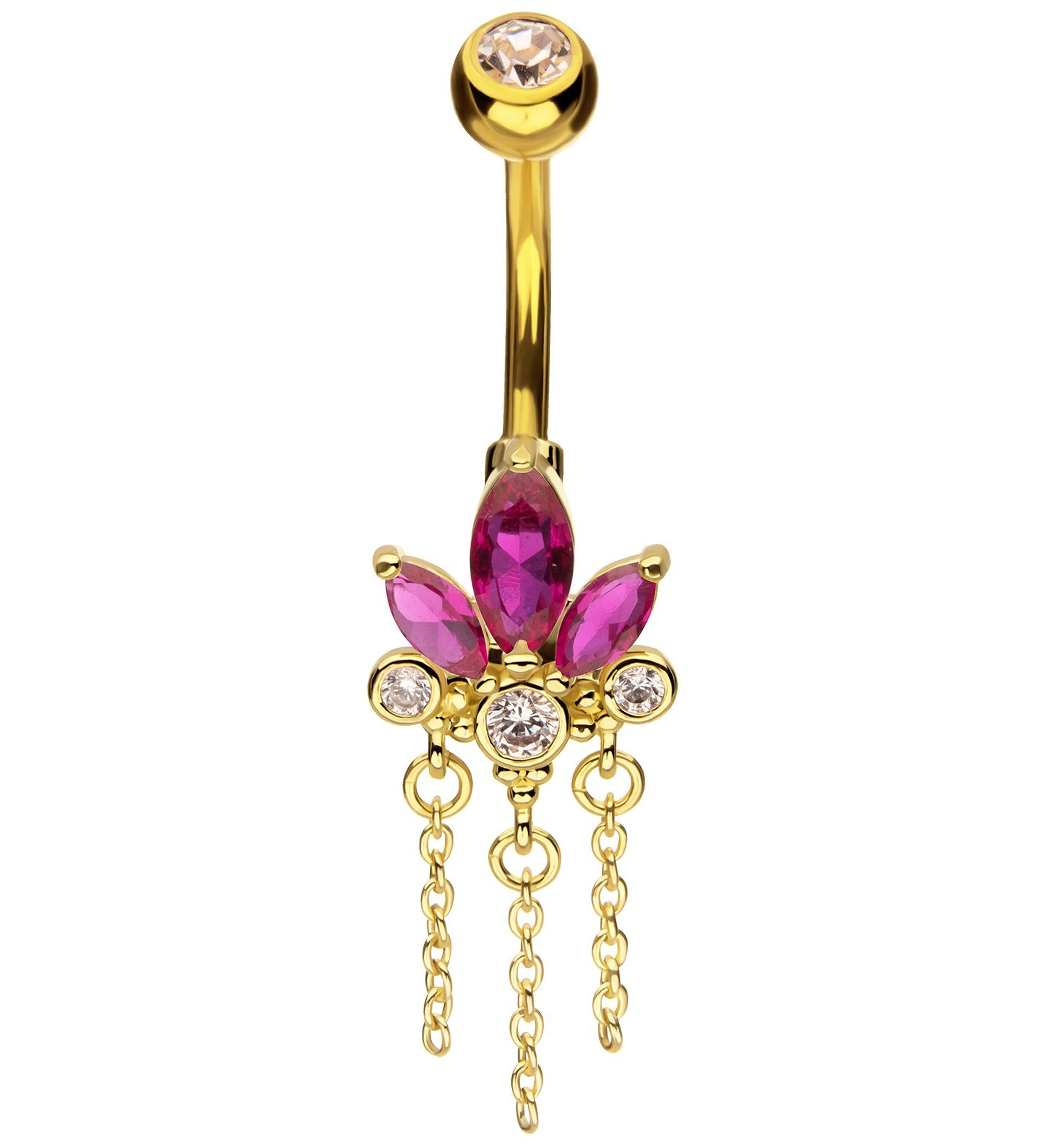 Gold PVD Lotus Flower Fuchsia CZ Triple Chain Dangle Stainless Steel Belly Button Ring - Mrs Treak