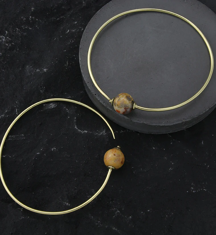 Crazy Lace Agate Stone Orb Brass Hangers / Plug Hoops - Mrs Treak