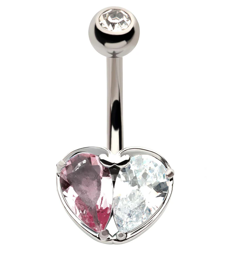 Clear And Pink Heart CZ Stainless Steel Belly Button Ring - Mrs Treak