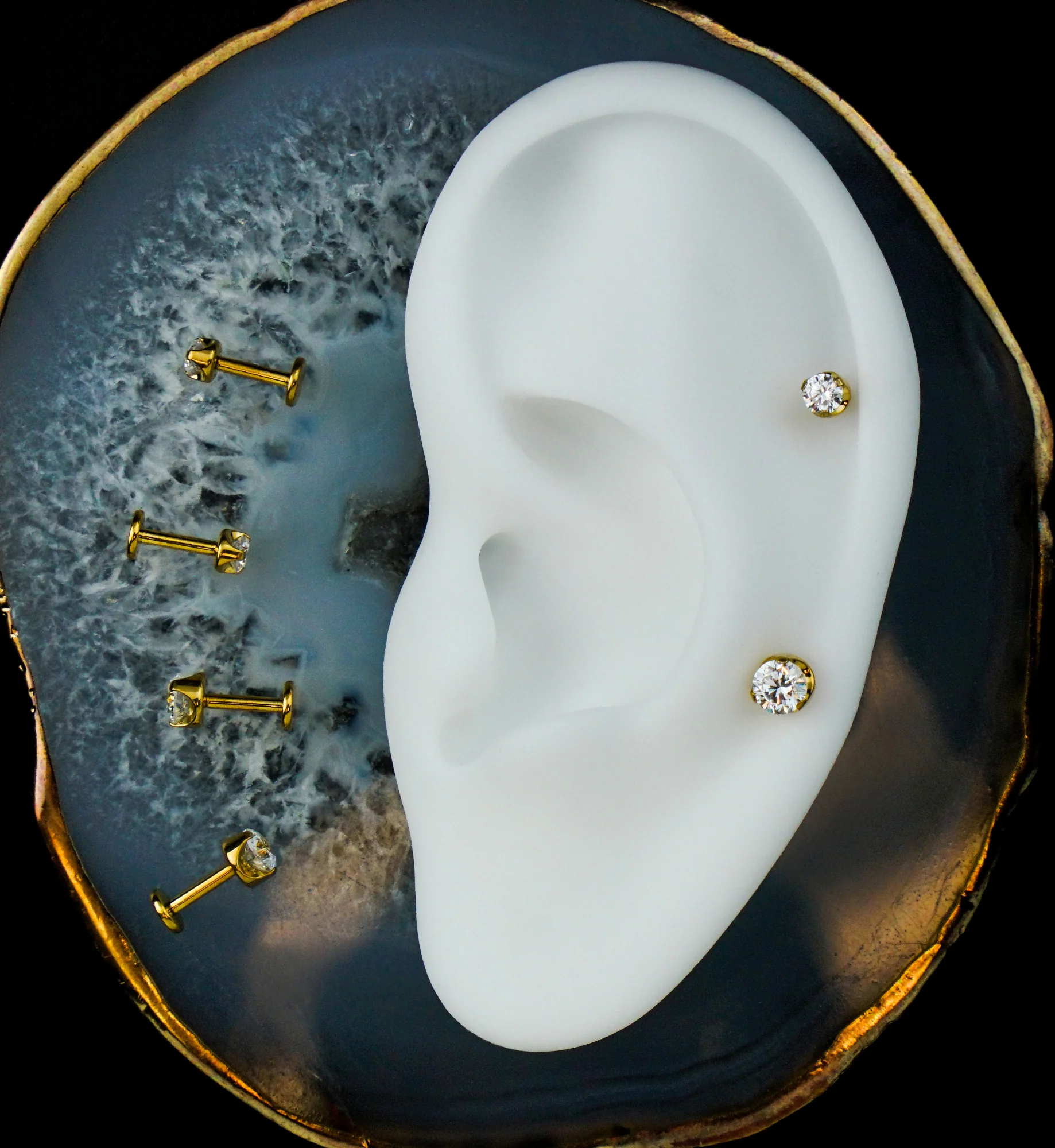 Gold PVD Flat Back Prong Clear CZ Internally Threaded Titanium Labret - Mrs Treak