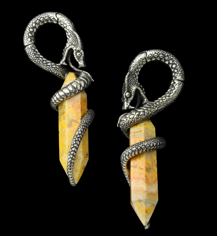 Bumblebee Jasper Stone Cobra White Brass Hinged Ear Weights - Mrs Treak