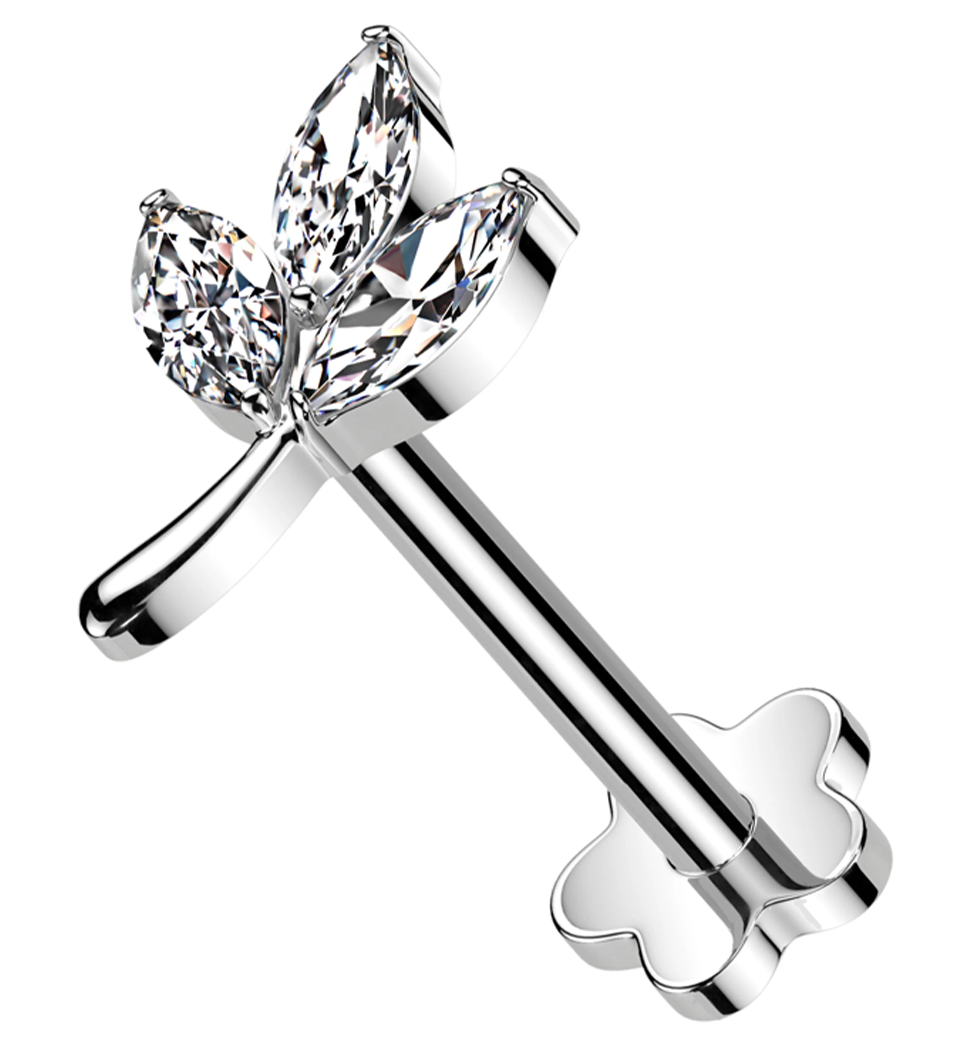 Marquise Leaf Clear CZ Flower Back Titanium Threadless Labret - Mrs Treak