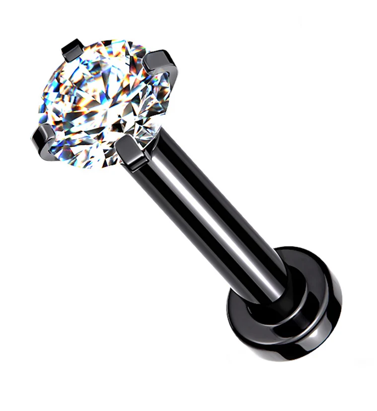 Black PVD Internally Threaded Clear CZ Prong Mini Disc Labret - Mrs Treak