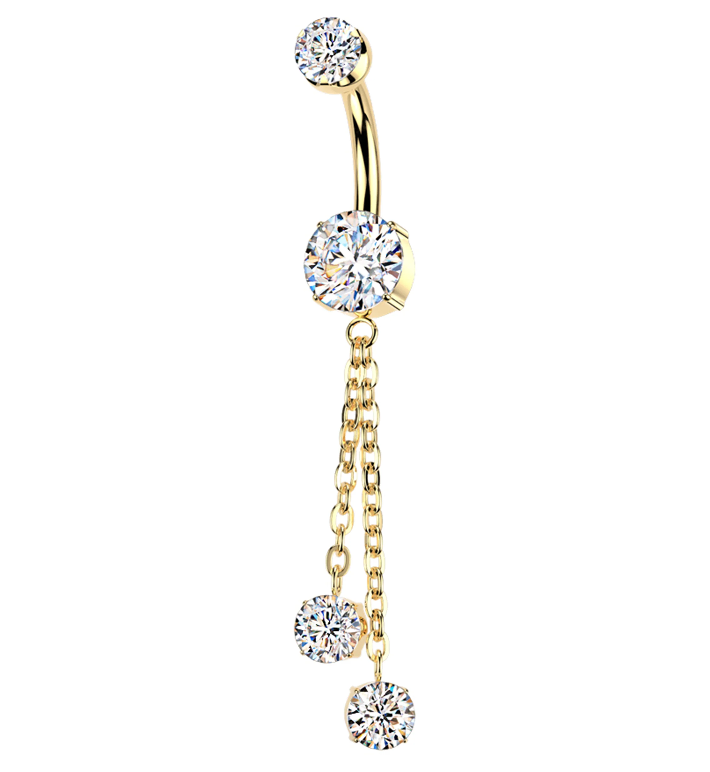 Gold PVD Prong Clear CZ Double Dangle Chain Titanium Internally Threaded Belly Button Ring - Mrs Treak