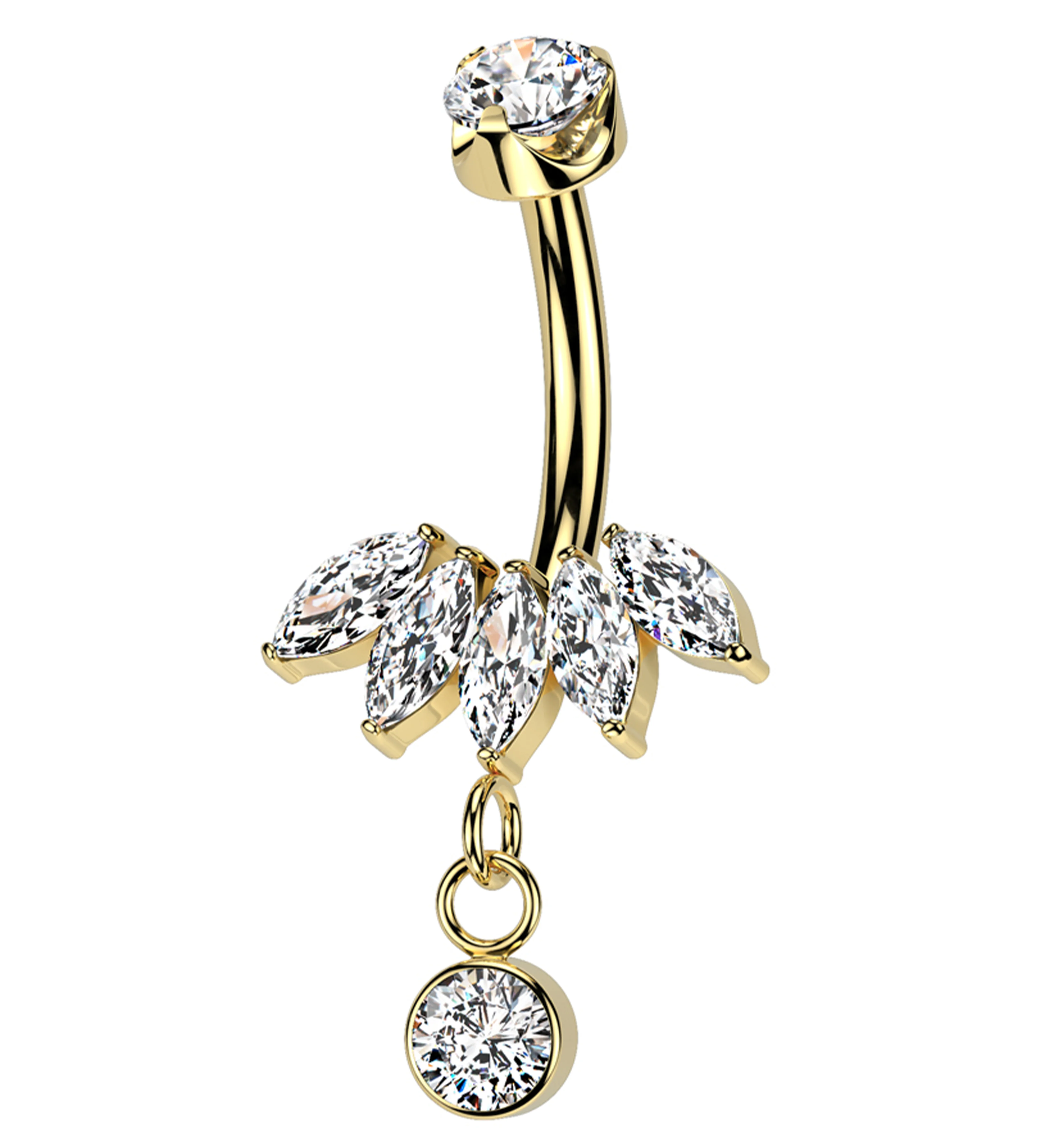 Gold PVD Half Crown Dangle Clear CZ Titanium Internally Threaded Belly Button Ring - Mrs Treak