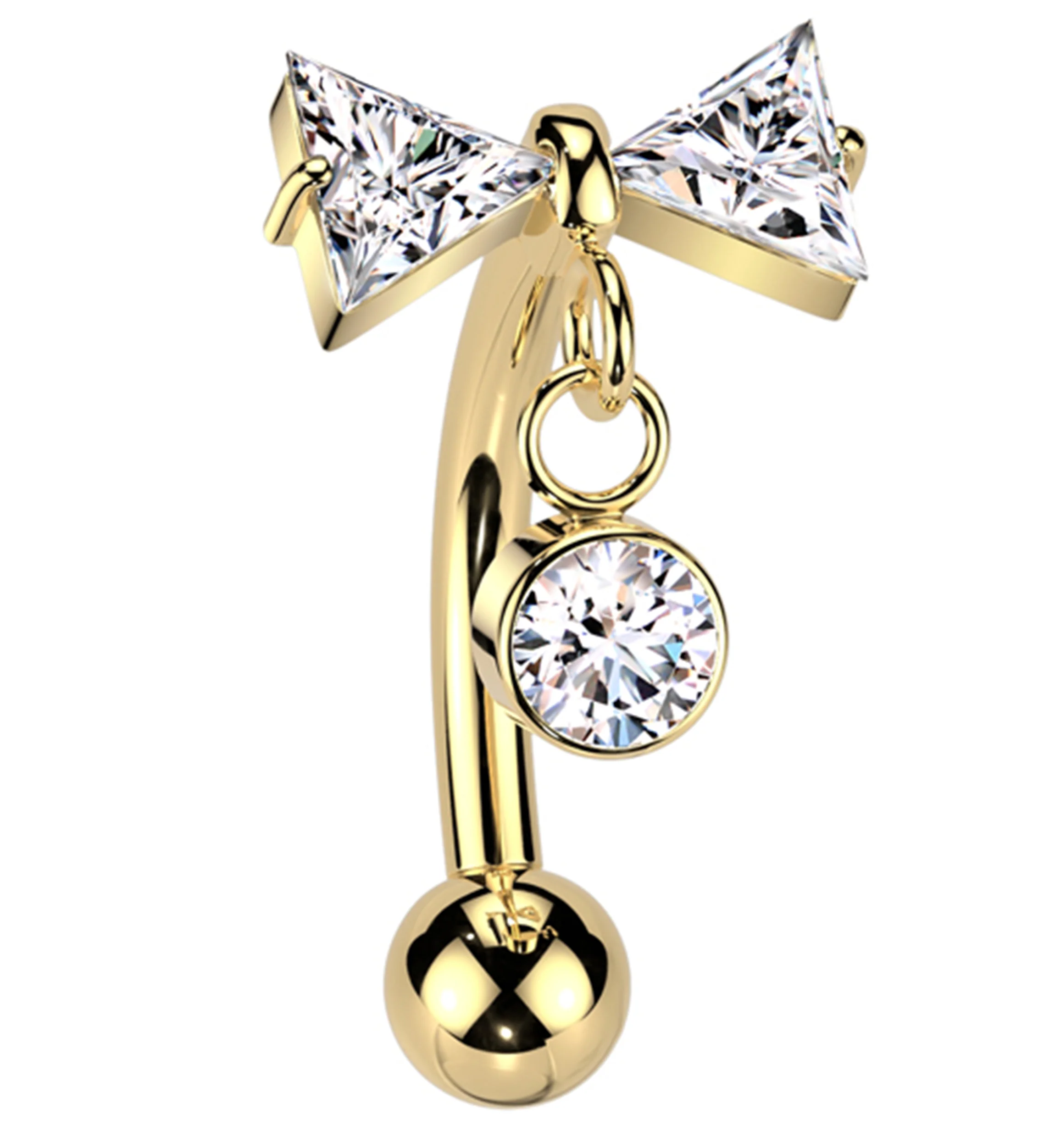 16G Gold PVD Bow Dangle Clear CZ Threadless Titanium Curved Barbell - Mrs Treak