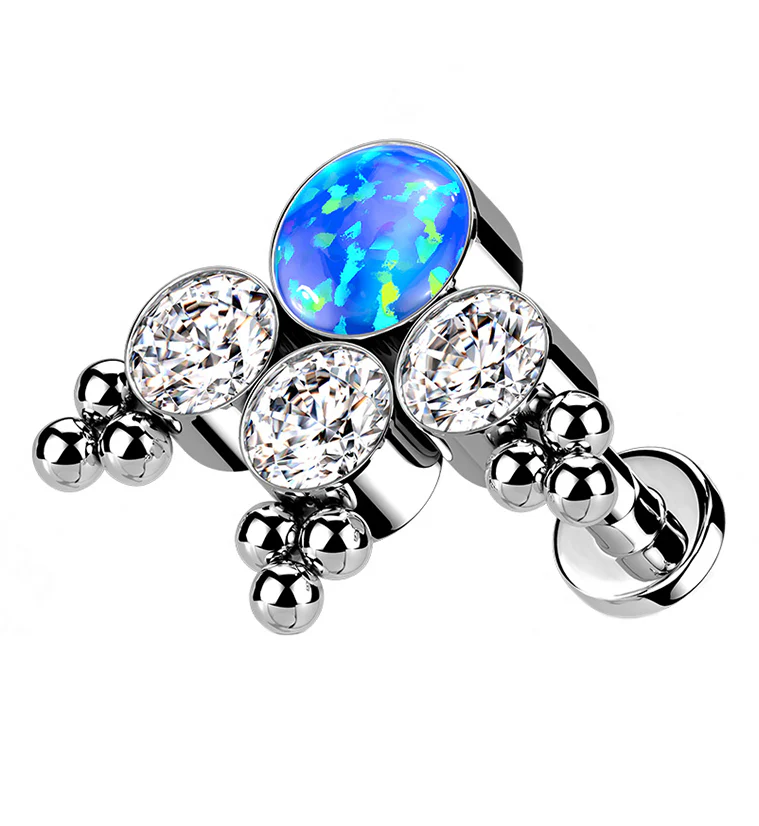 16G Triple Beaded CZ Blue Opal Titanium Labret Post - Mrs Treak