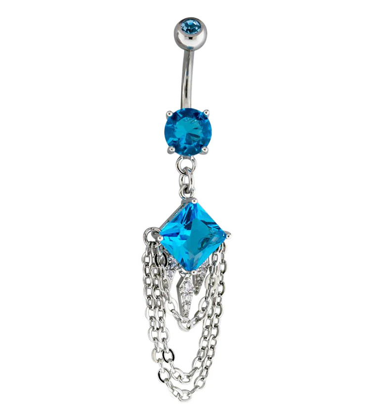 Blue Square CZ Dangle Chain Belly Button Ring - Mrs Treak