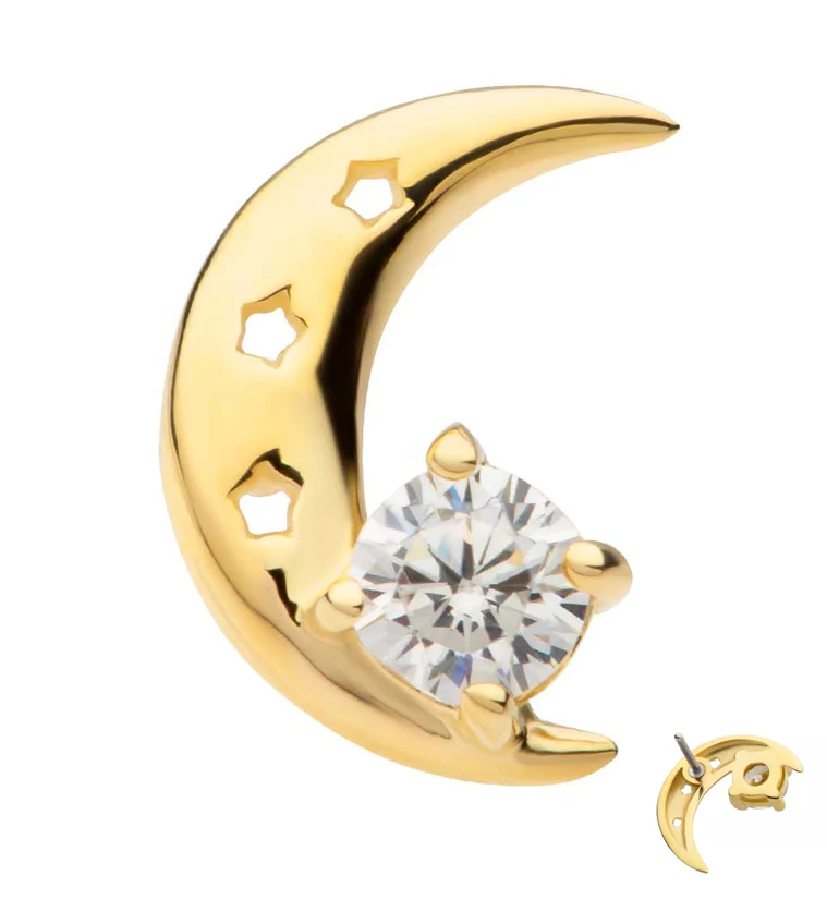 14kt Gold Crescent Moon Clear CZ Threadless Top - Mrs Treak
