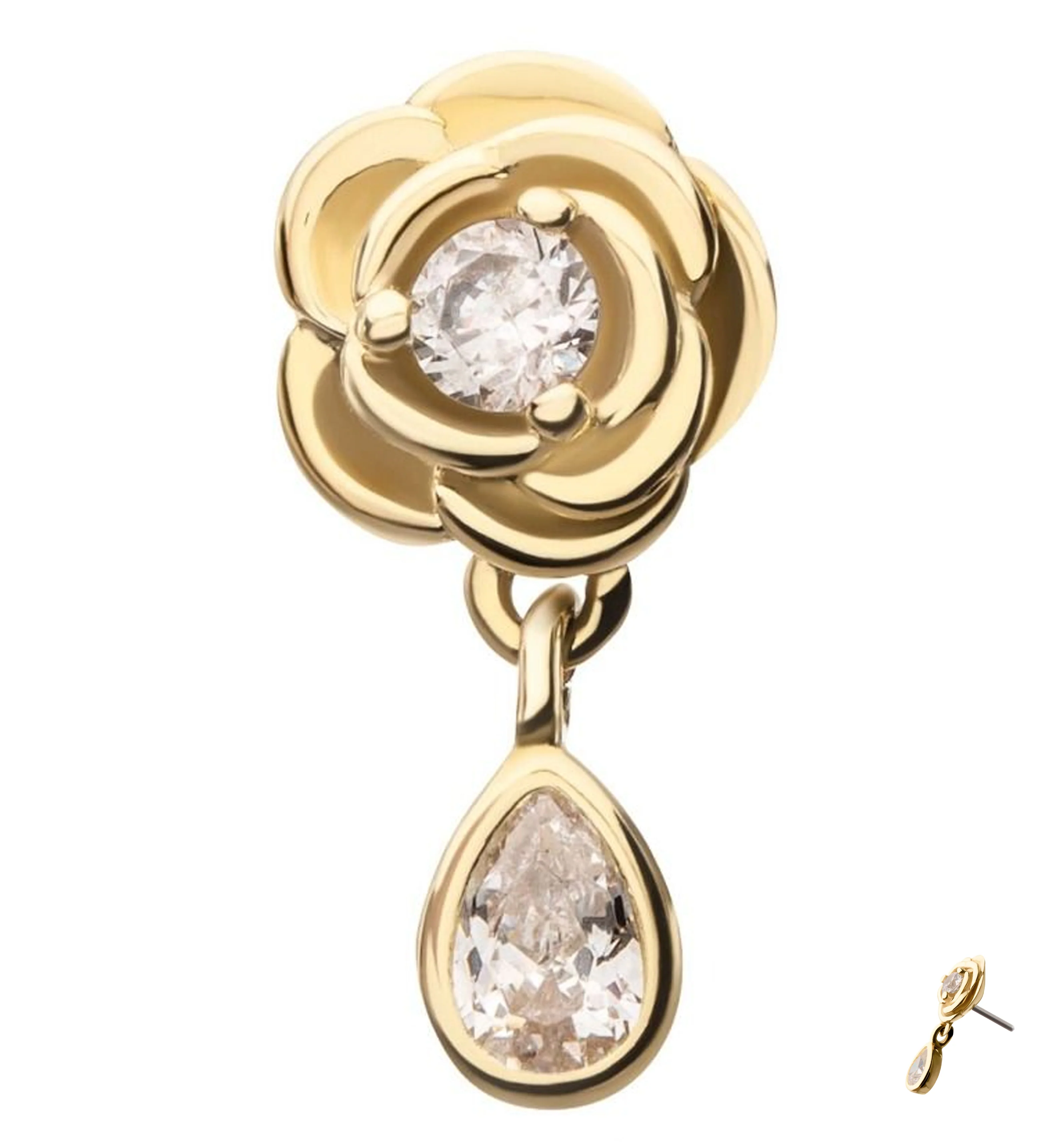 14kt Gold Rose Dangle Teardrop Clear CZ Threadless Top - Mrs Treak