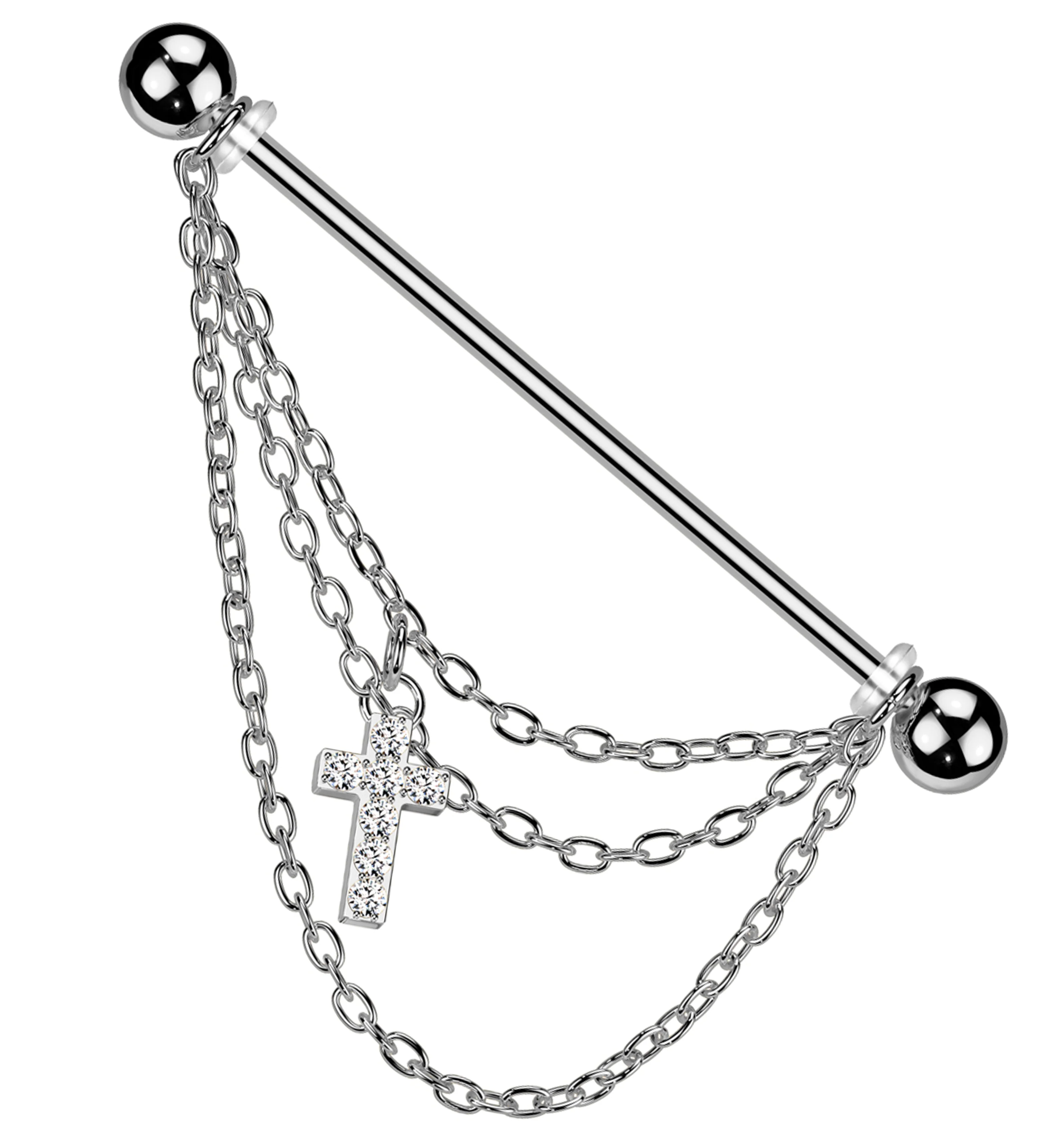 Cross Triple Chain Clear CZ Stainless Steel Industrial Barbell - Mrs Treak