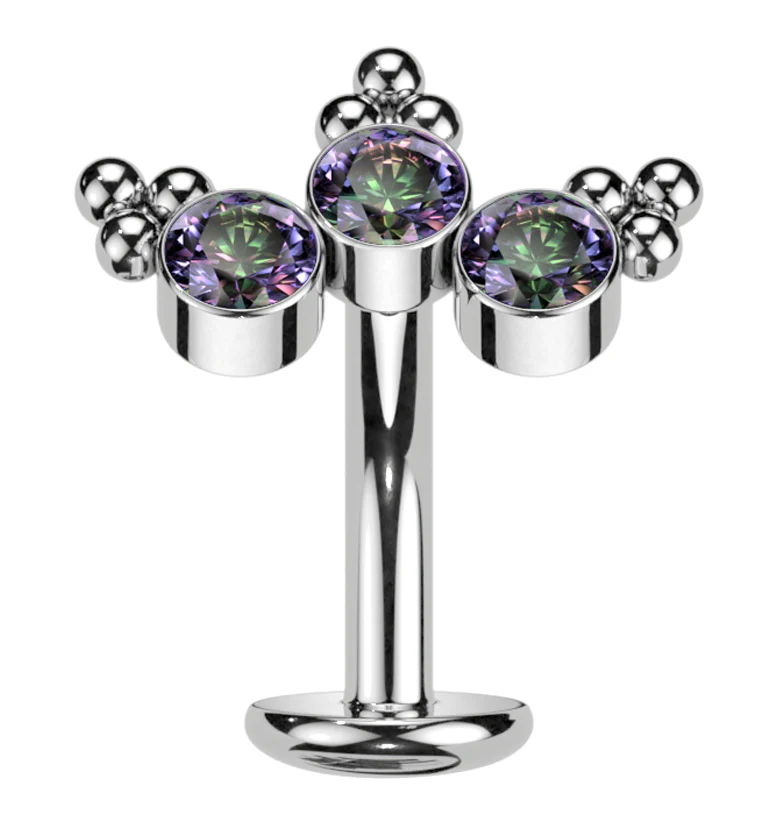 Triple Beaded Black Aurora CZ Titanium Threadless Floating Belly Button Ring (Convex Disk) - Mrs Treak