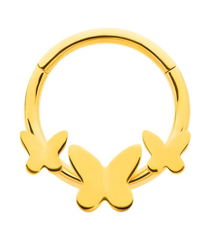 Gold PVD Triple Butterfly Stainless Steel Hinged Segment Ring - Mrs Treak