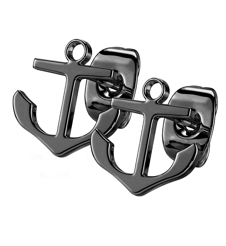 Black PVD Anchor Stainless Steel Earrings - Mrs Treak