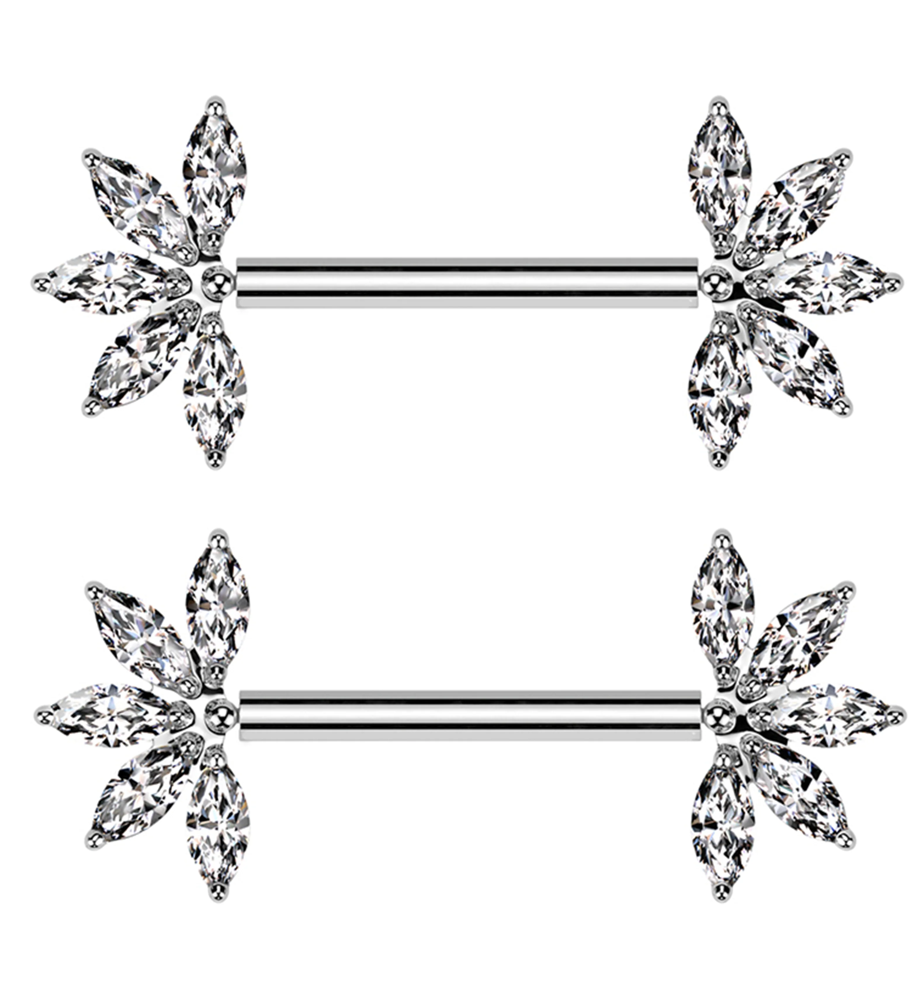 Half Flower Marquise Clear CZ Threadless Titanium Nipple Barbell - Mrs Treak