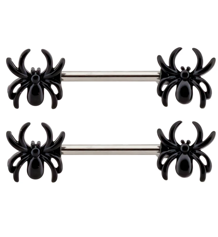 Black PVD Spider Stainless Steel Nipple Barbell - Mrs Treak