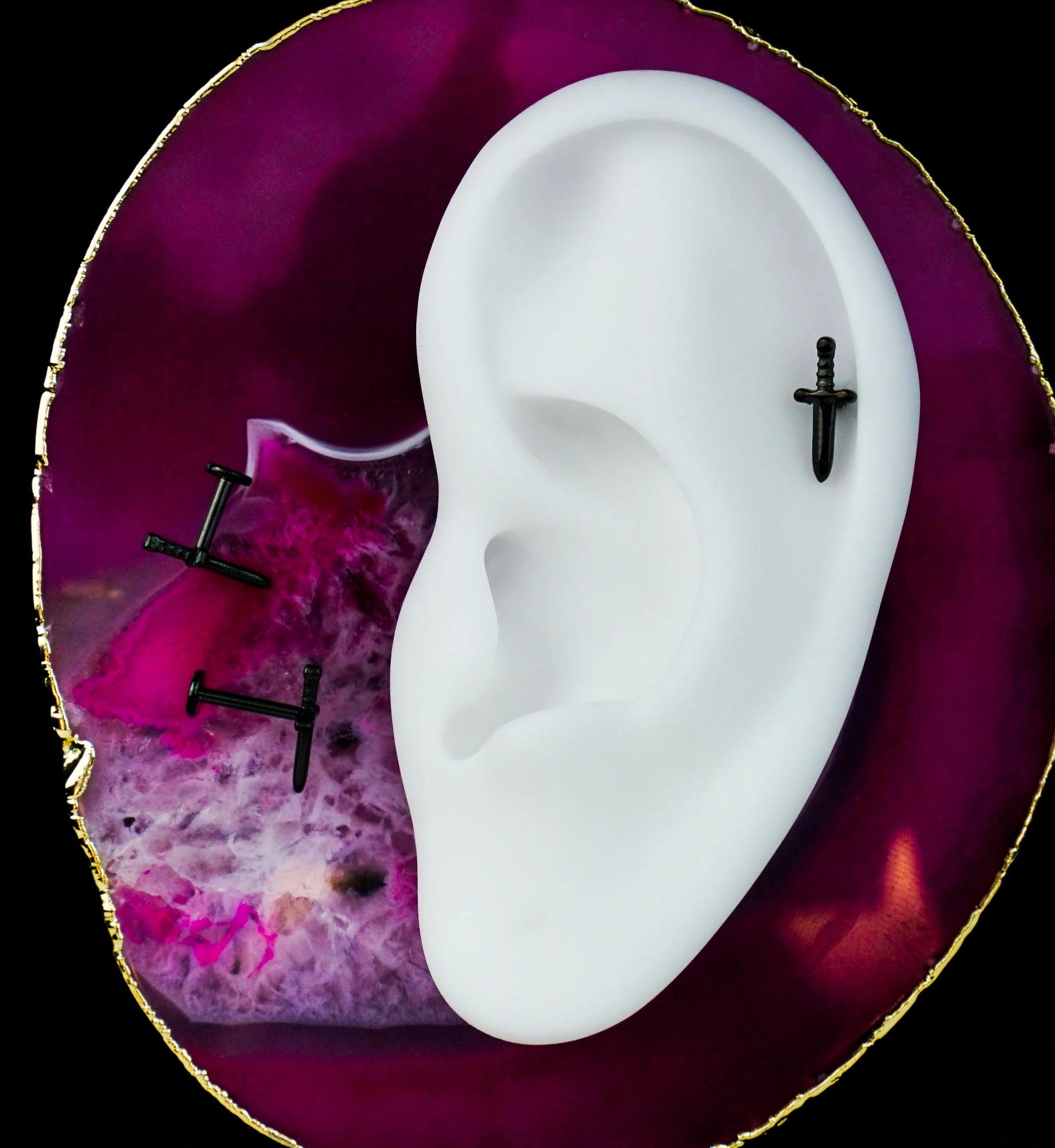 Black PVD Twisted Handle Dagger Internally Threaded Titanium Labret - Mrs Treak