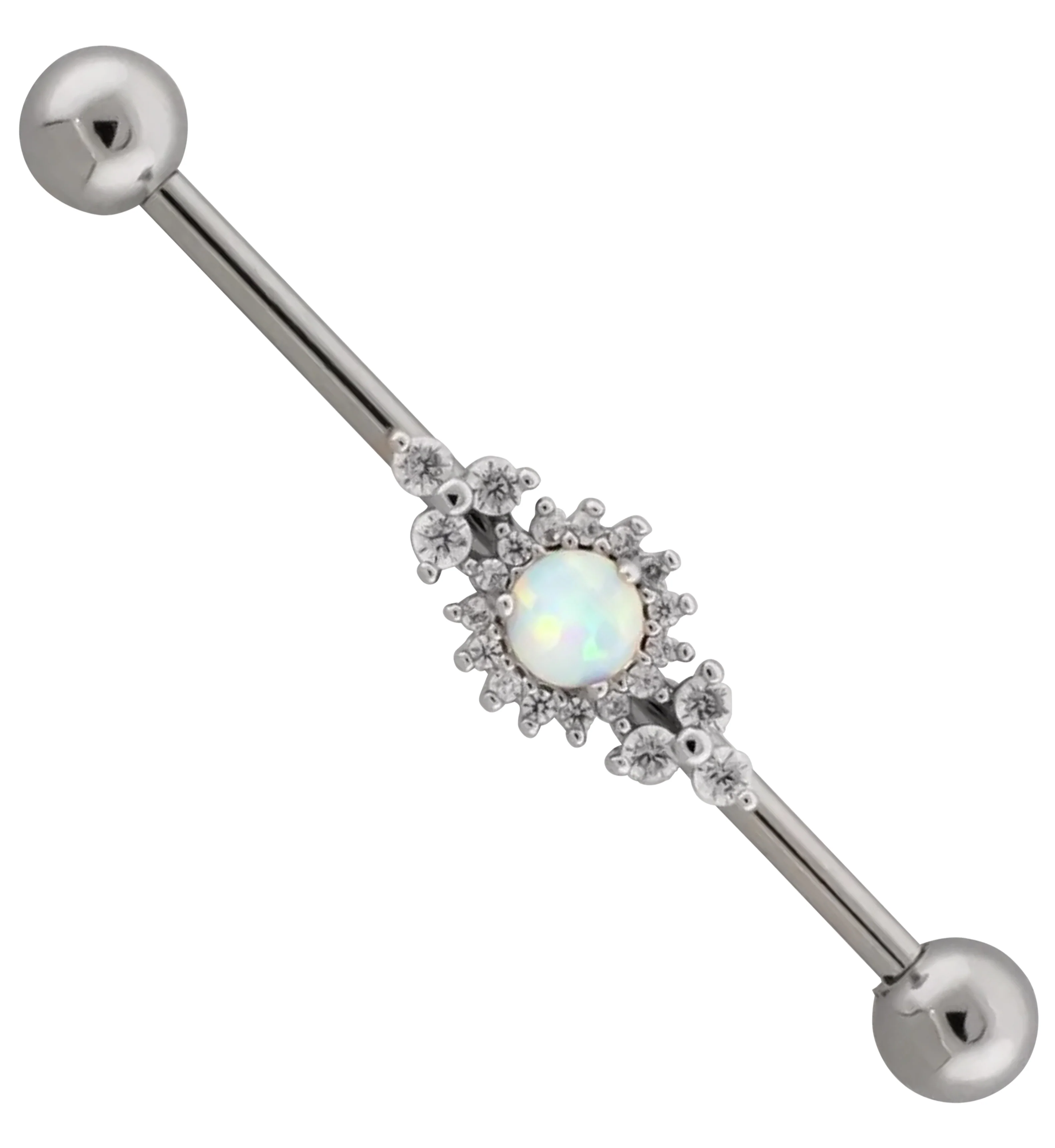 White Opalite Triple Clear CZ Cluster Stainless Steel Industrial Barbell - Mrs Treak