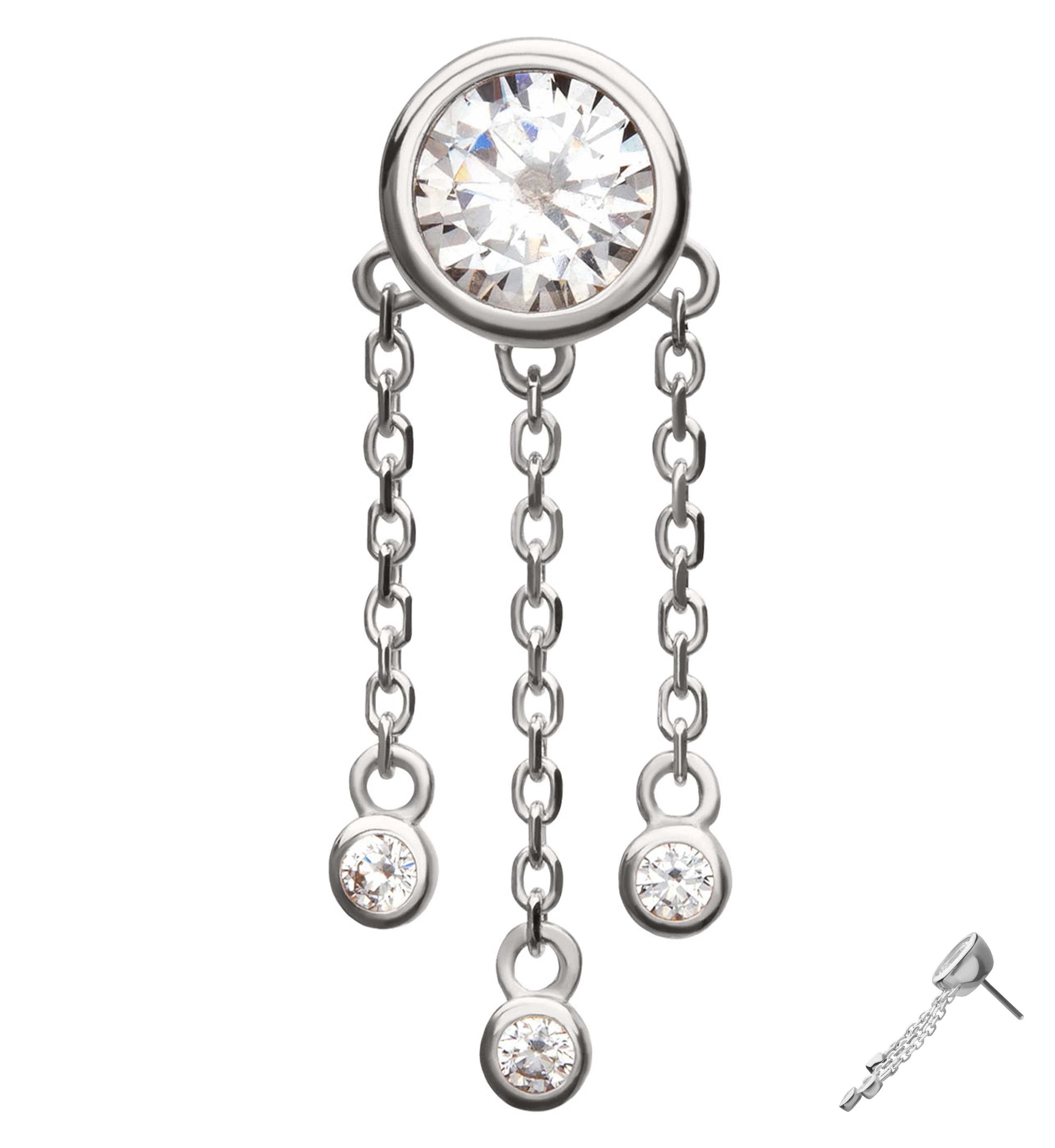 14kt White Gold Bezel Clear CZ Triple Dangle Chains Threadless Top - Mrs Treak