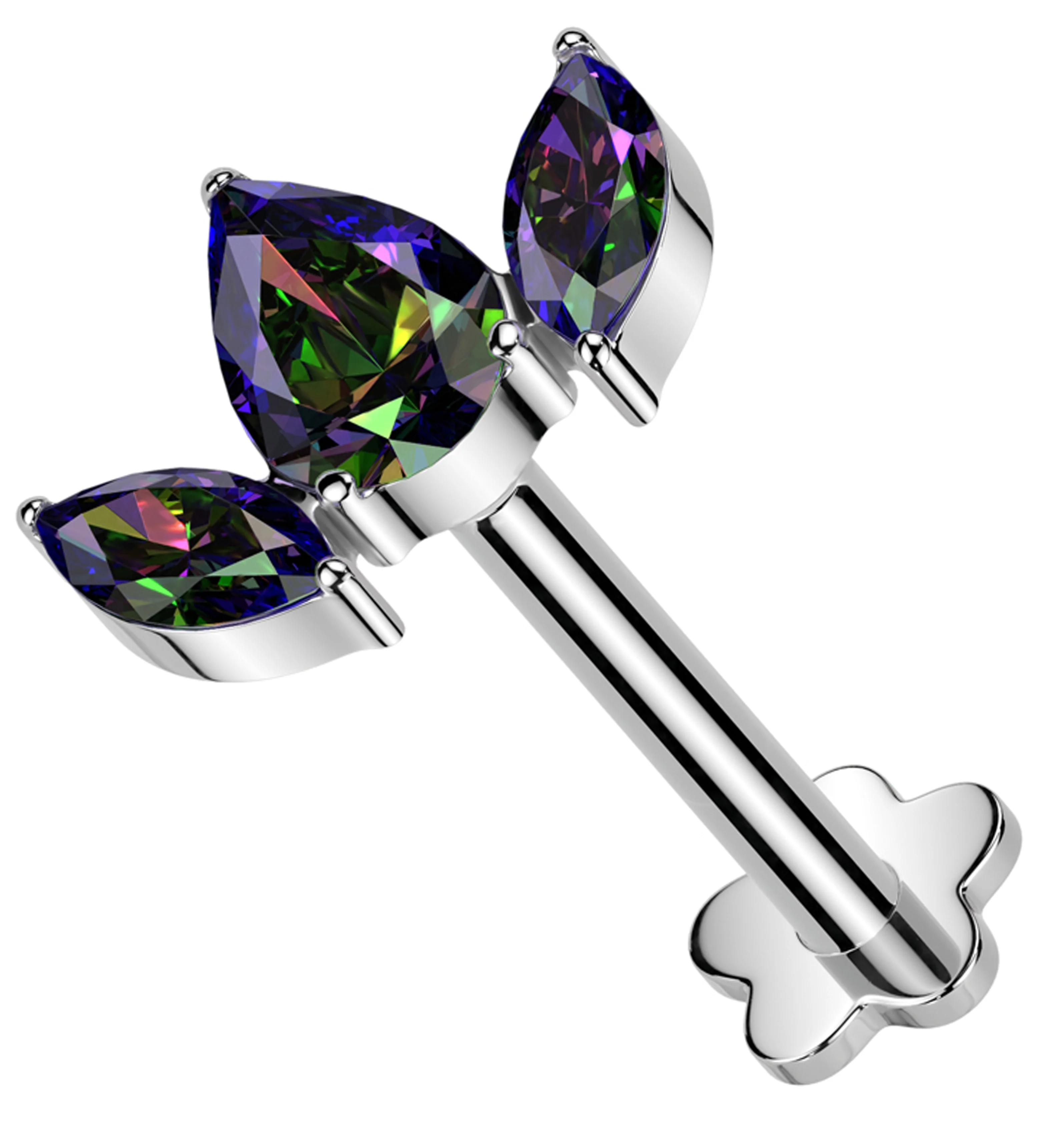 Sepal Black Aurora CZ Flower Back Titanium Threadless Labret - Mrs Treak