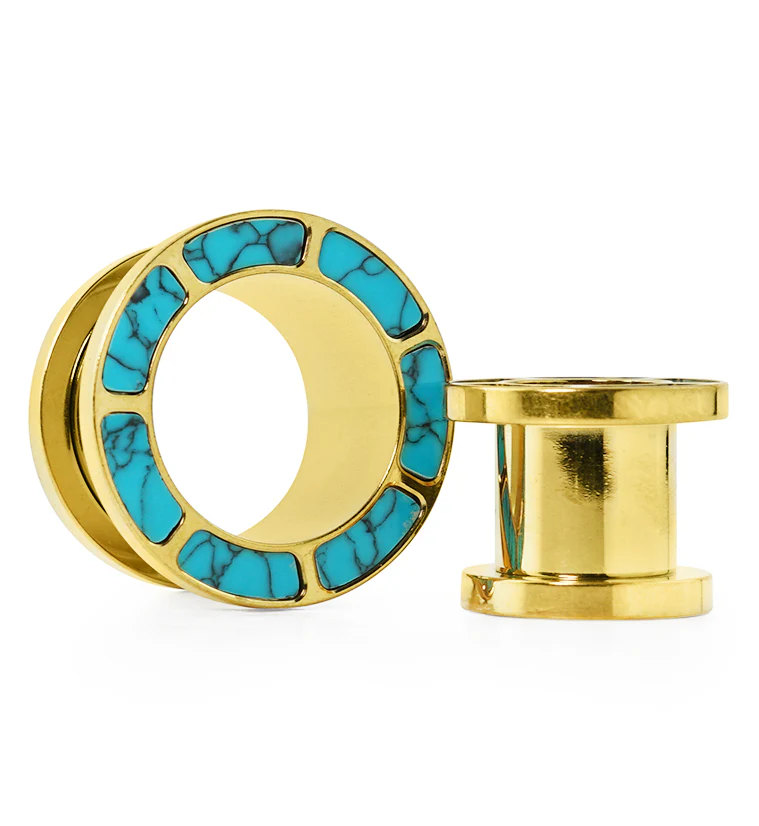 Gold PVD Howlite Turquoise Rim Stainless Steel Tunnel Plugs - Mrs Treak