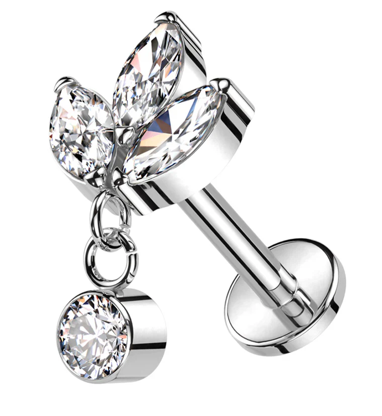 Frond Dangle Clear CZ Internally Threaded Titanium Labret - Mrs Treak