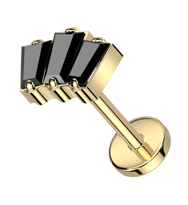 Gold PVD Trinal Black CZ Threadless Titanium Labret - Mrs Treak