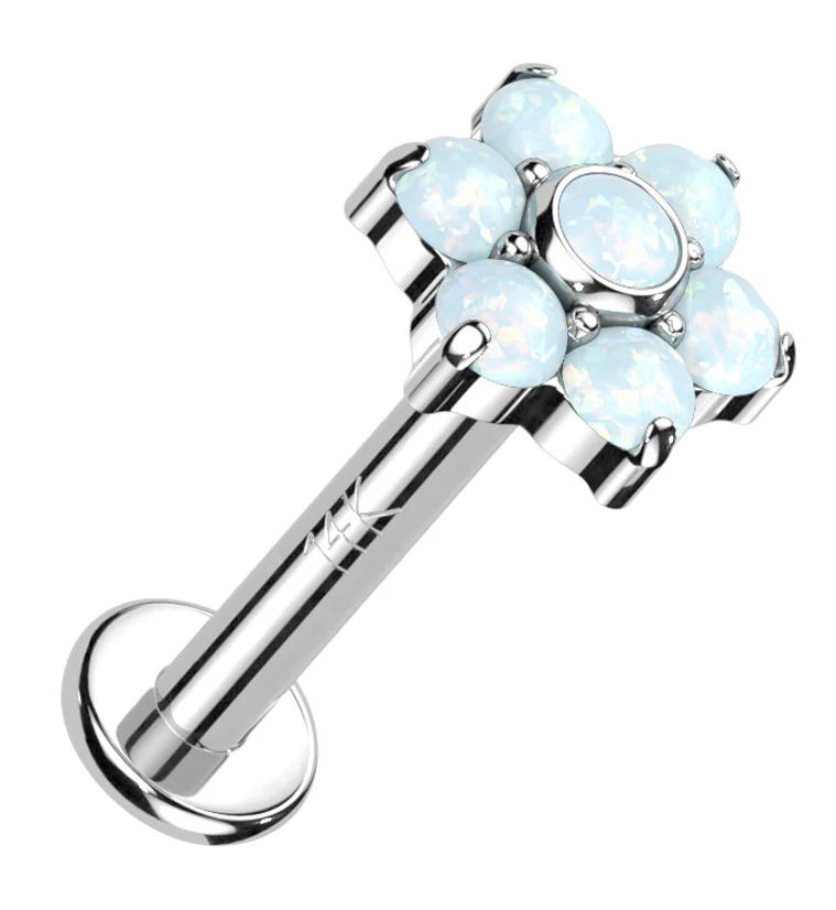 14kt White Gold Flower White Opalite Internally Threaded Labret - Mrs Treak
