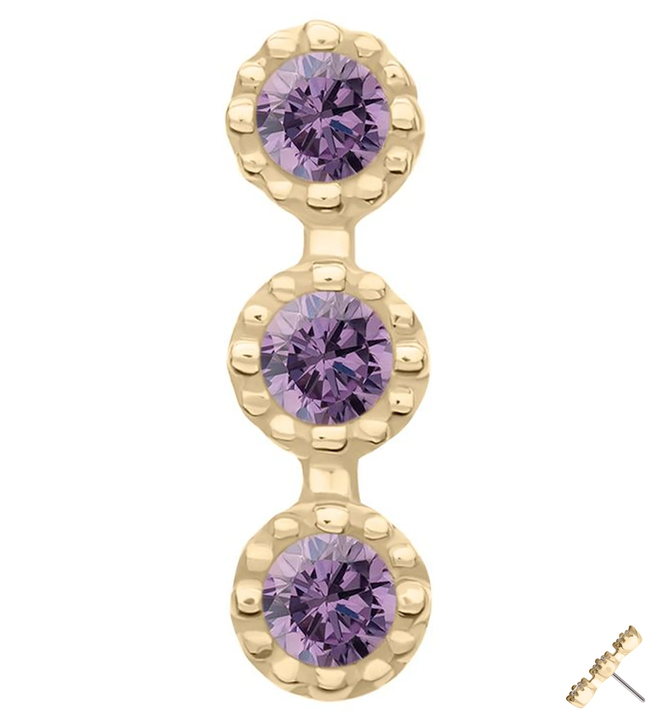 14kt Gold Triple Stacked Beaded Amethyst CZ Threadless Top - Mrs Treak