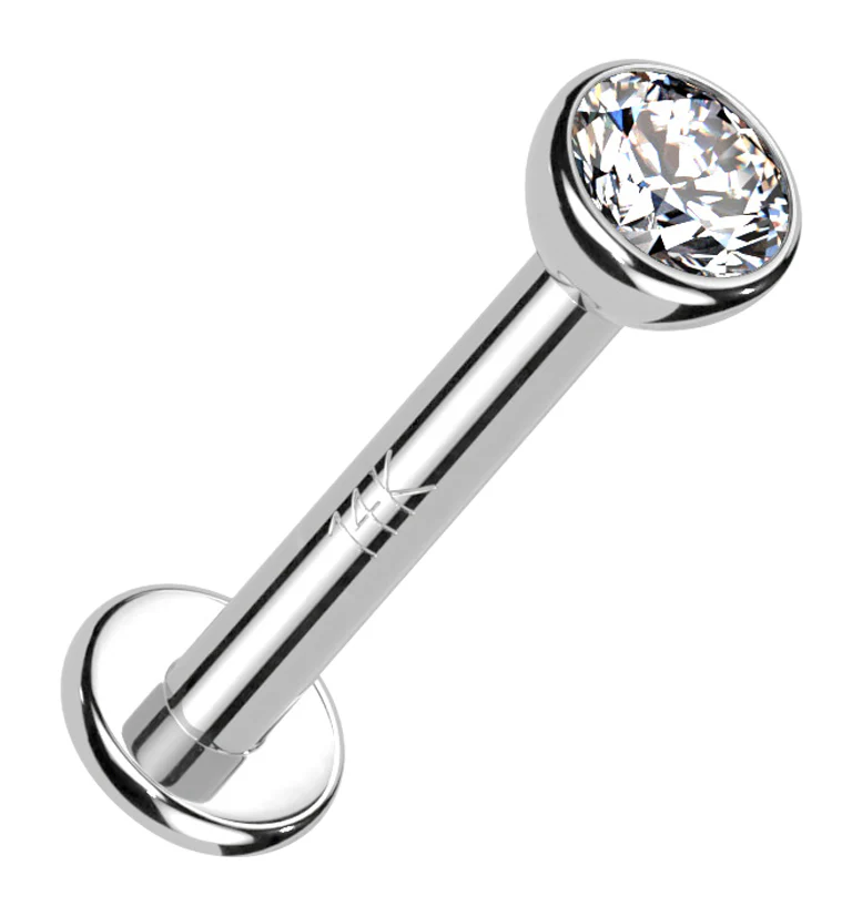 14kt White Gold Bezel CZ Internally Threaded Labret - Mrs Treak