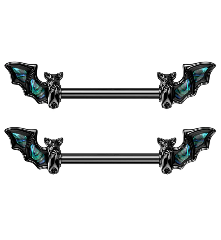 Black PVD Abalone Bat Wing Stainless Steel Nipple Barbells - Mrs Treak