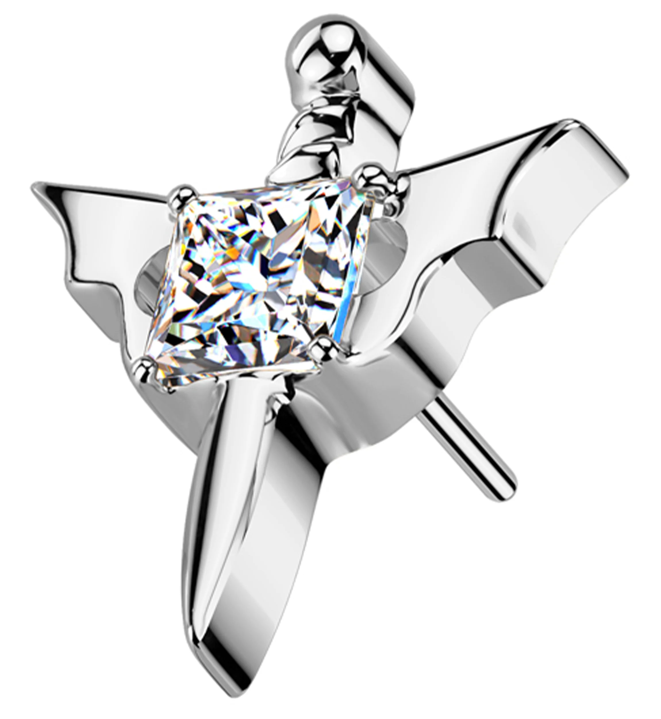 Bat Wing Dagger Square Clear CZ Titanium Threadless Top - Mrs Treak