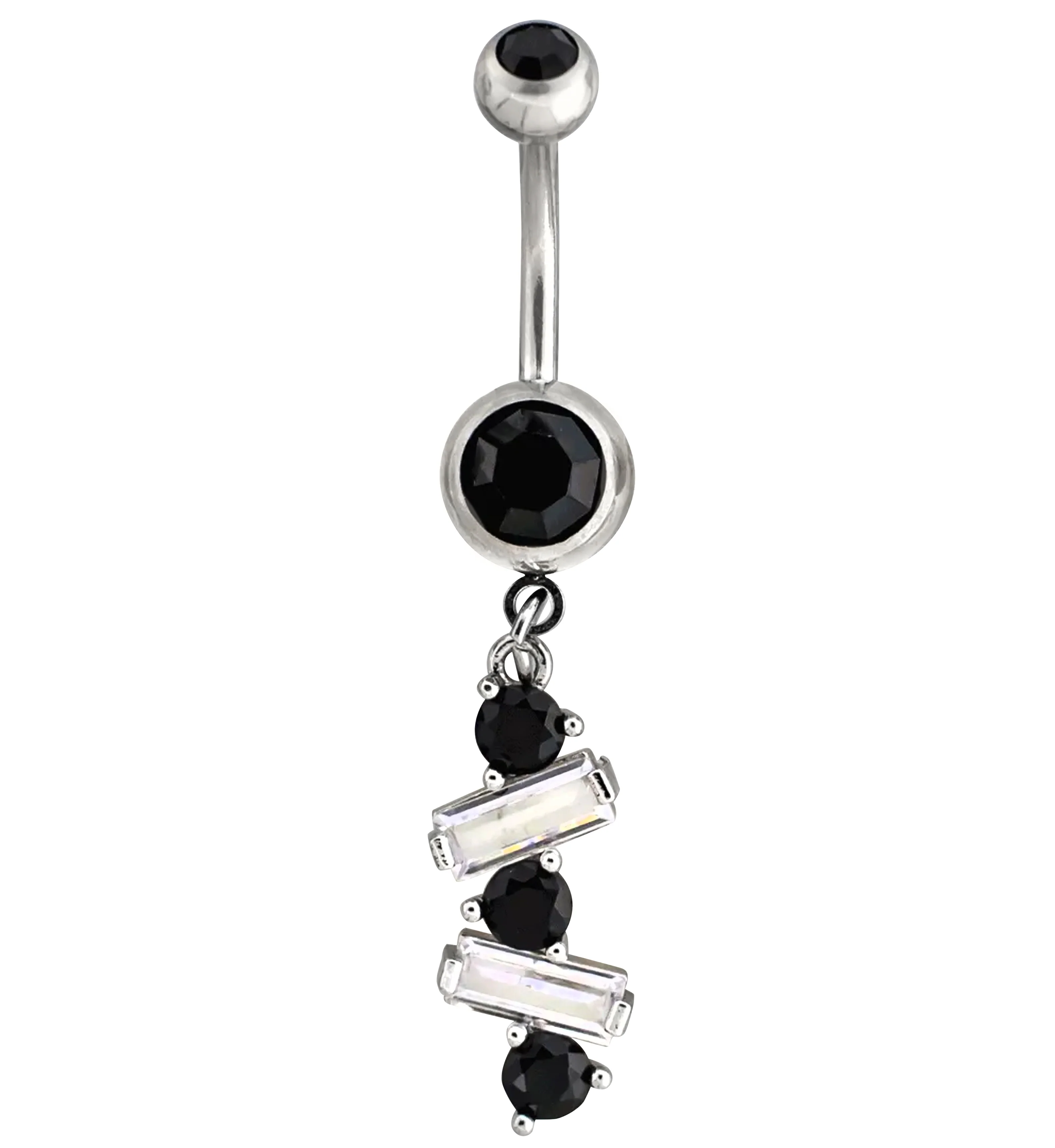 Alternate Baguette Black CZ Dangle Stainless Steel Belly Button Ring - Mrs Treak