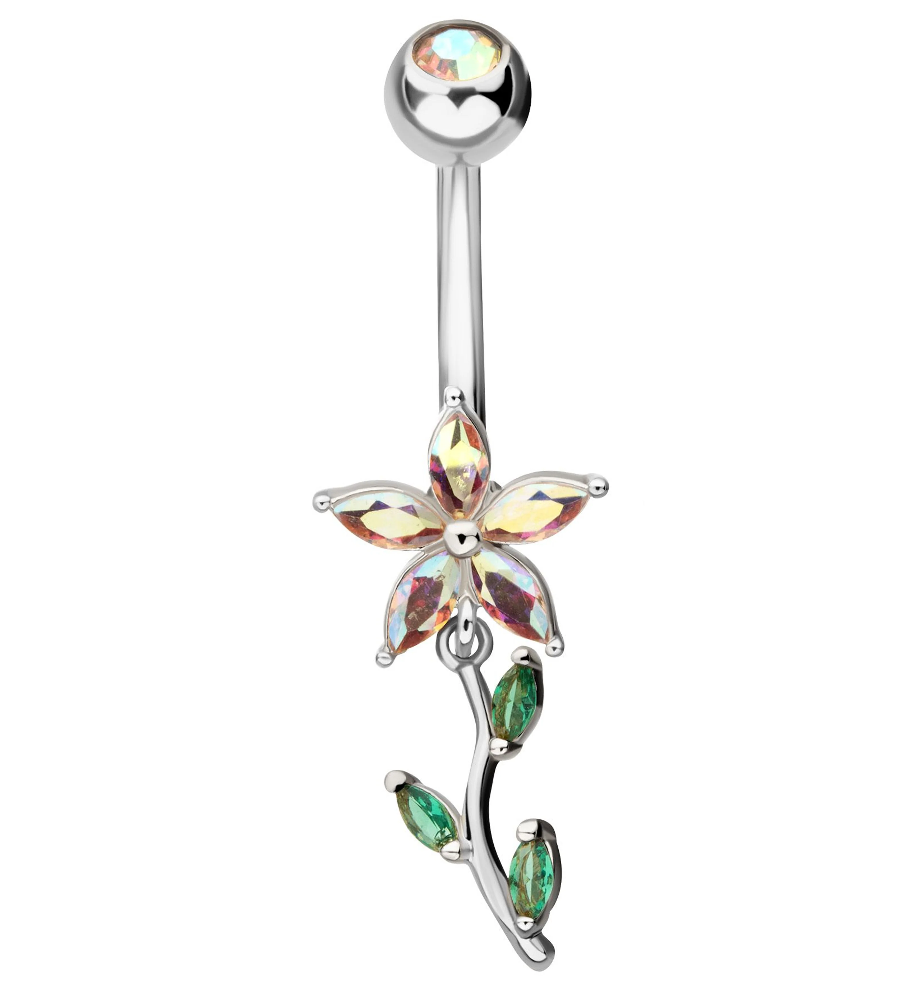 Flower Rainbow Aurora And Emerald CZ Dangle Stainless Steel Belly Button Ring - Mrs Treak
